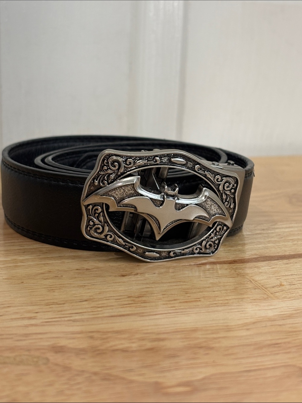 Black Leather Belt with Silver Bat Buckle adjustable no holes goth grunge dark